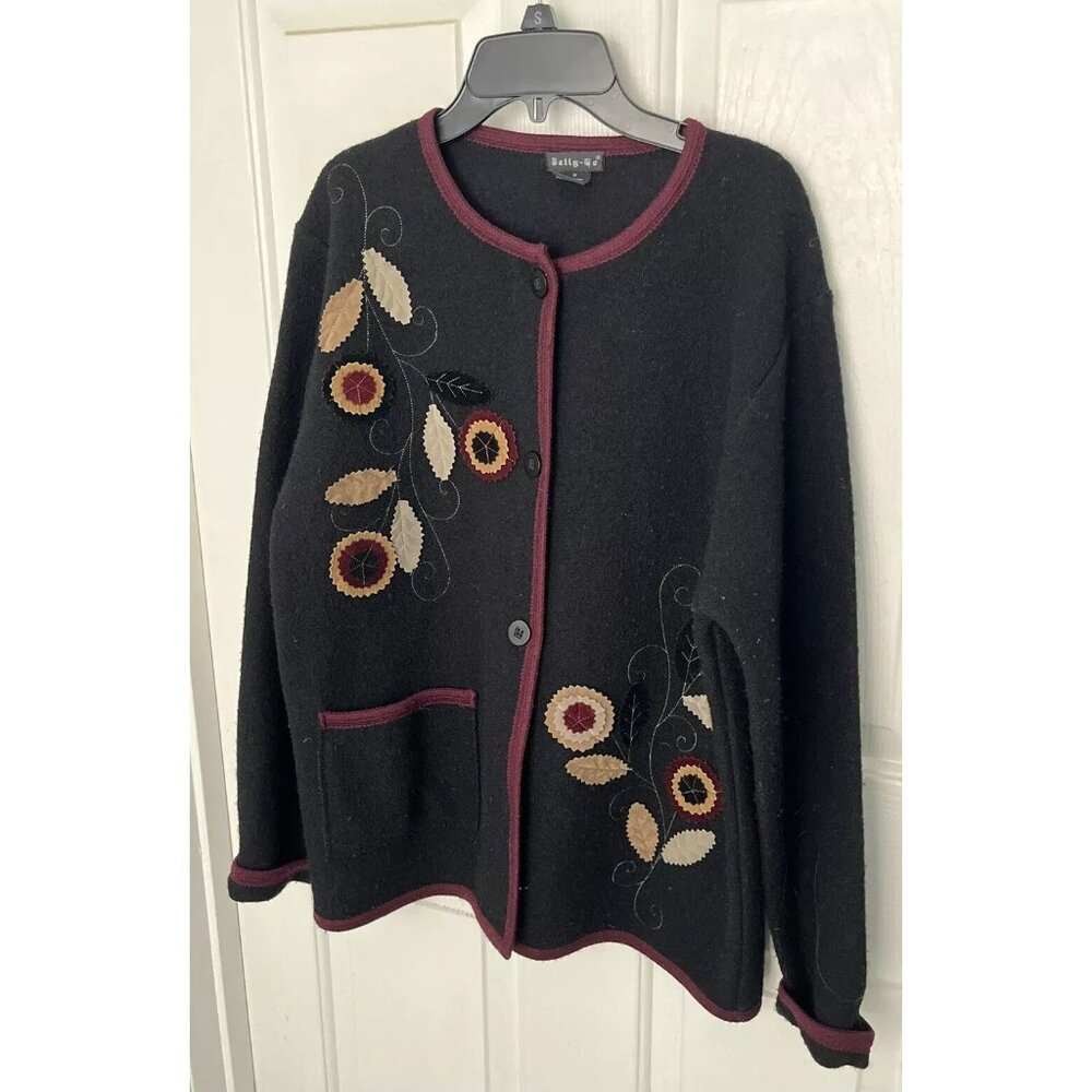Tally Ho Women M 100% Wool Black Cardigan Sweater Embroidered Floral Design
